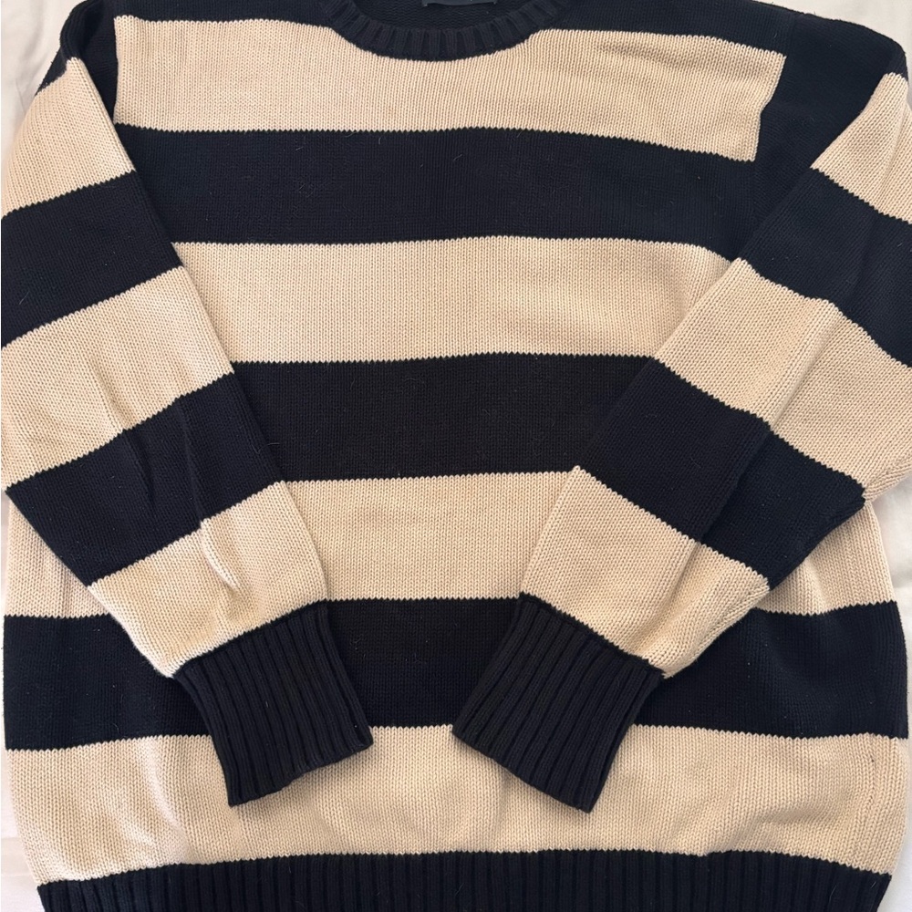 Brandy Melville Black and Cream Striped Crewneck Sweater